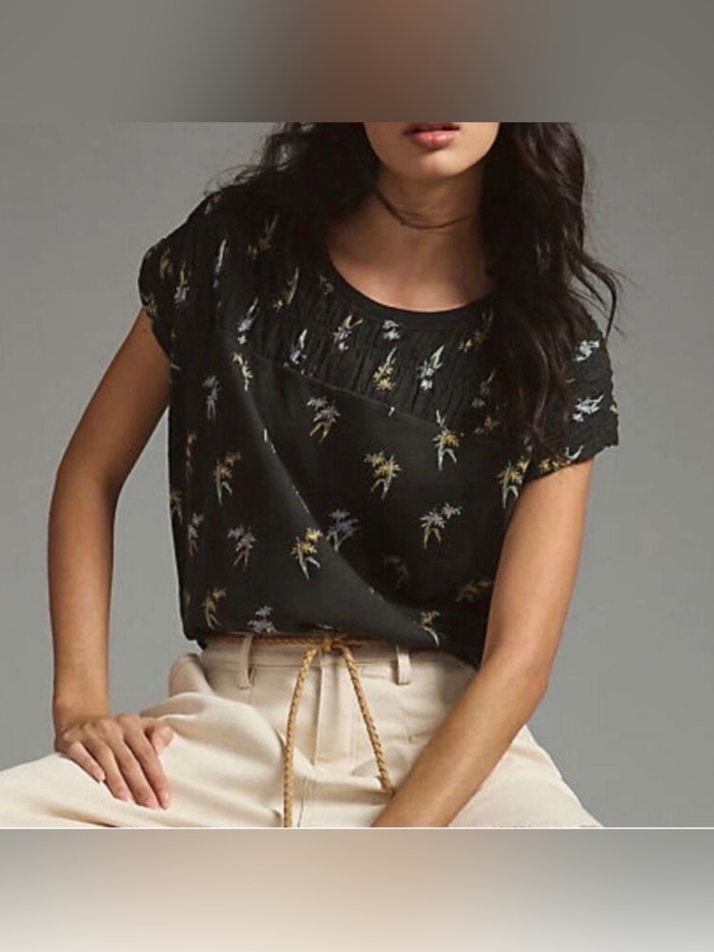 Pilcro Black Floral Short-Sleeve Top with Purple and Yellow Accents EUC